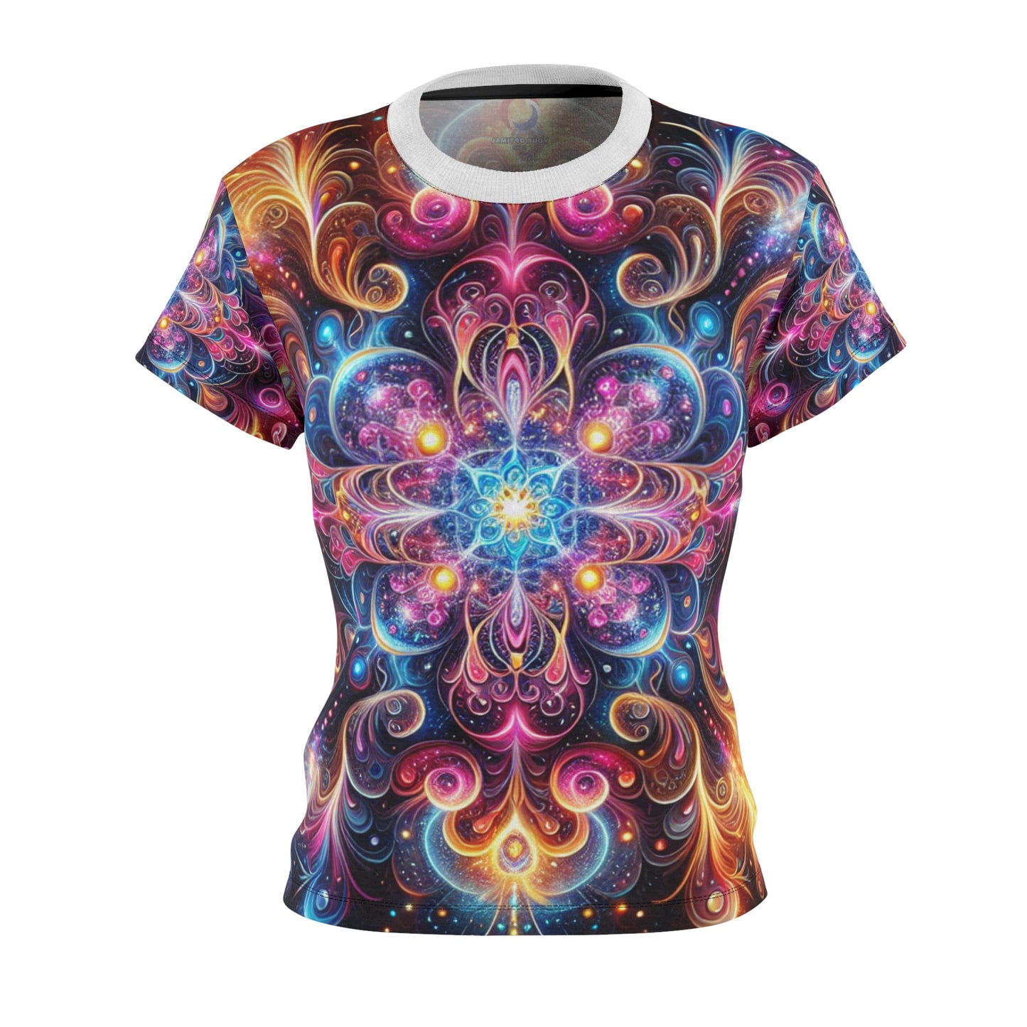 Radiant Cosmic Mandala Tee: Vibrant Psychedelic Art, Neon Kaleidoscope Women's T-Shirt - Women's Trippy Tee