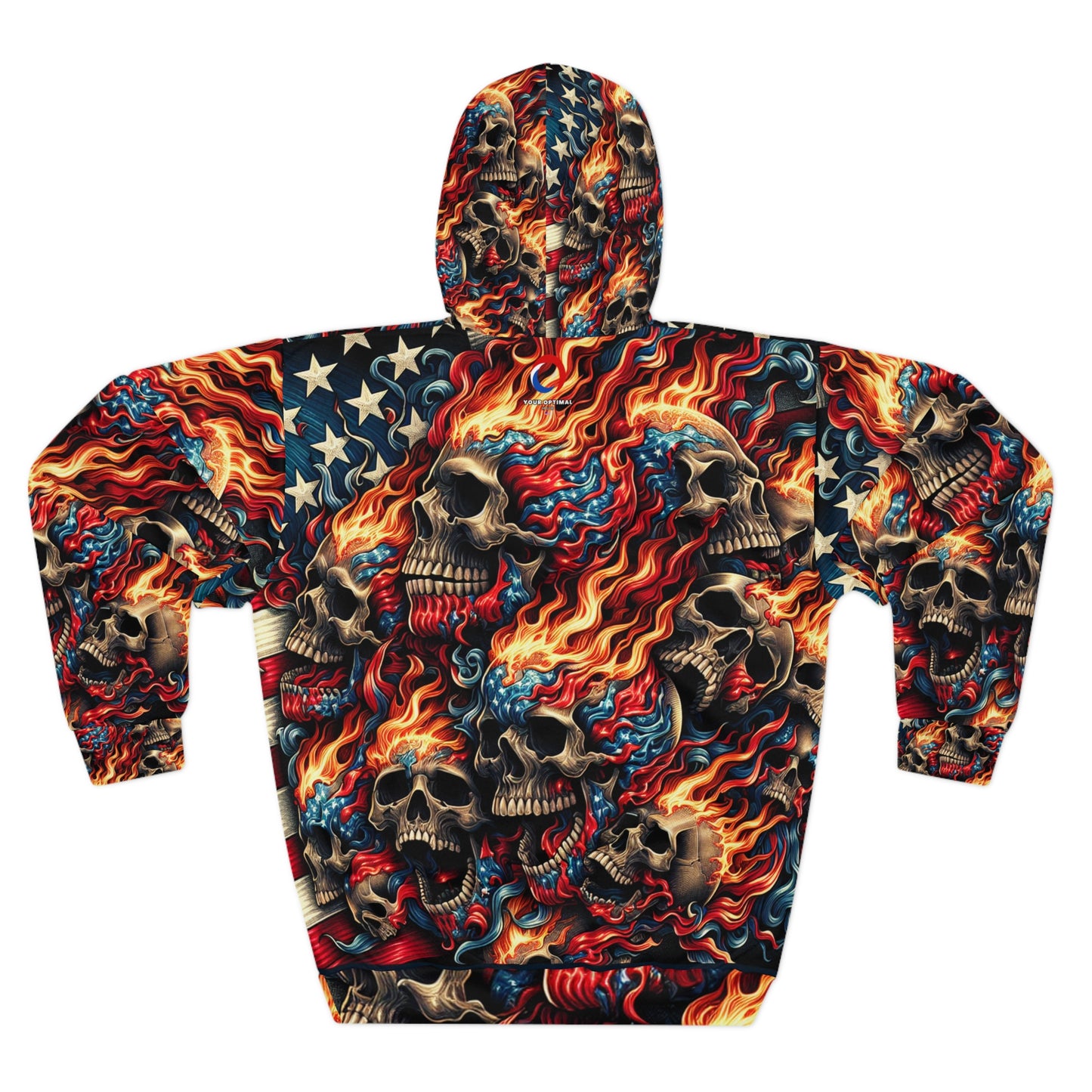 Inferno Patriot: Tattoo-Inspired, Skull-Intensive, American Flag-Motif Hoodie - Patriotic Streetwear Hoodie