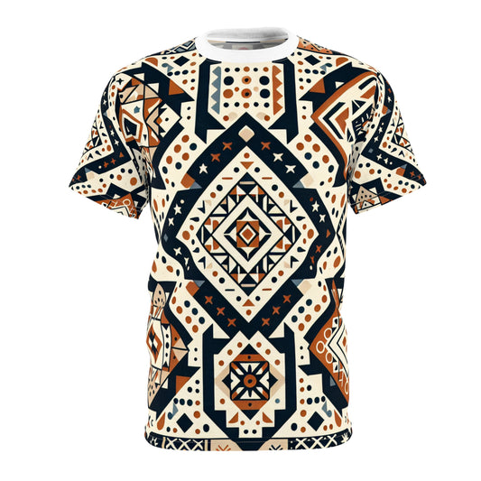 Berber Tattoo Art T-Shirt - Geometric Storytelling Design, Earthy Tones, Eclectic Shapes - African Tribal Pattern-Inspired Tee