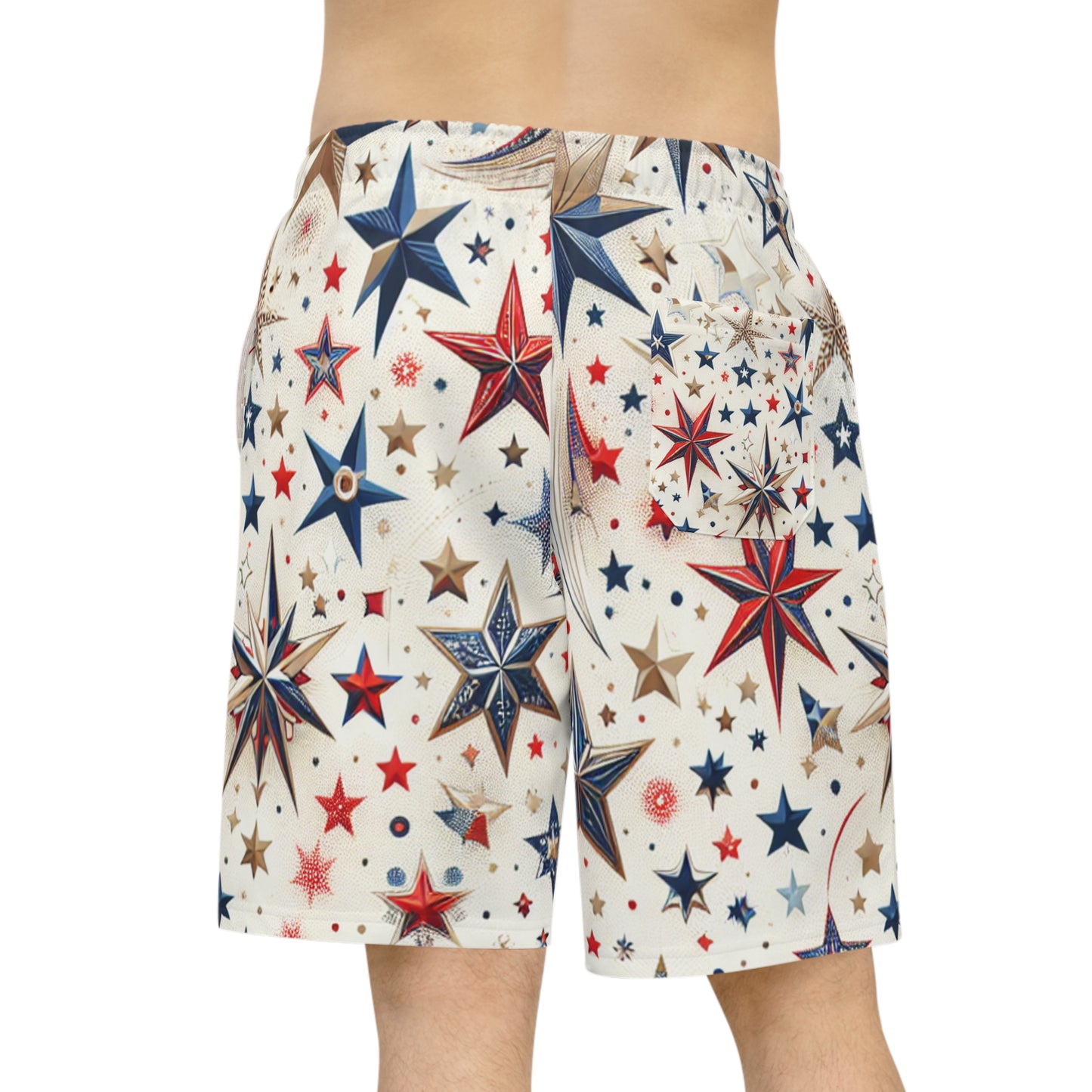 Star-Spangled Festive Shorts - Patriotic Red, Blue, Gold Star Prints on White, Perfect for Independence Day Celebrations - Patriotic Streetwear Shorts