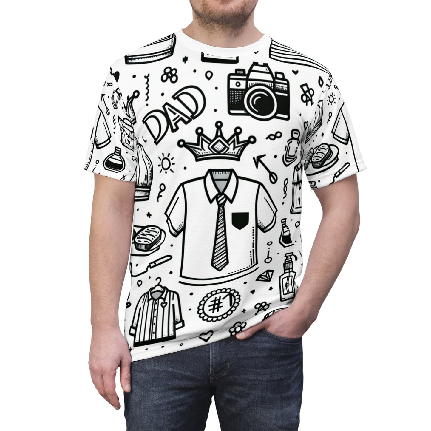 King Dad Tribute Tee, Monochrome Line Art Design - Family Moments, BBQ Grilling, #1 Dad Crown - Gift for him