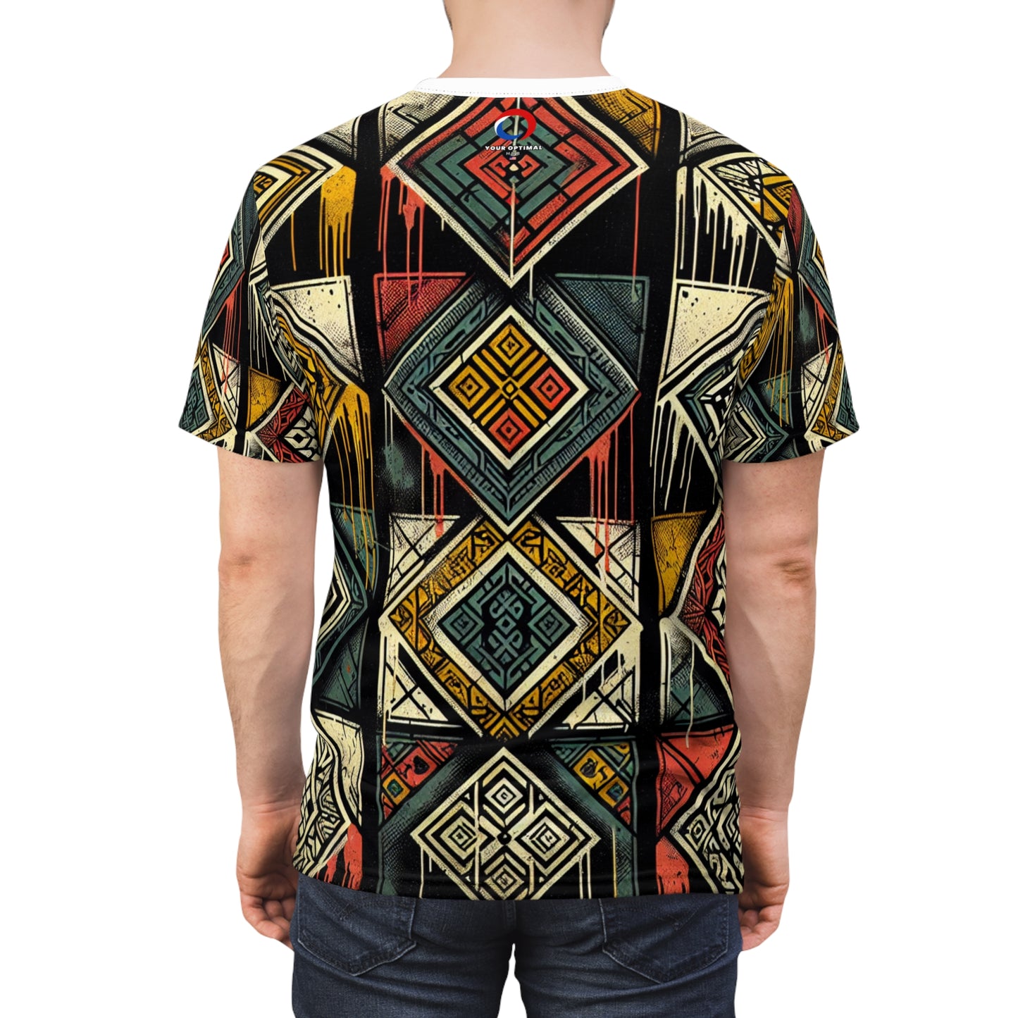 Urban Graffiti Meets Afrocentric Art - Distressed Street-Style T-Shirt with Diamond Geometric-Pattern - African Streetwear