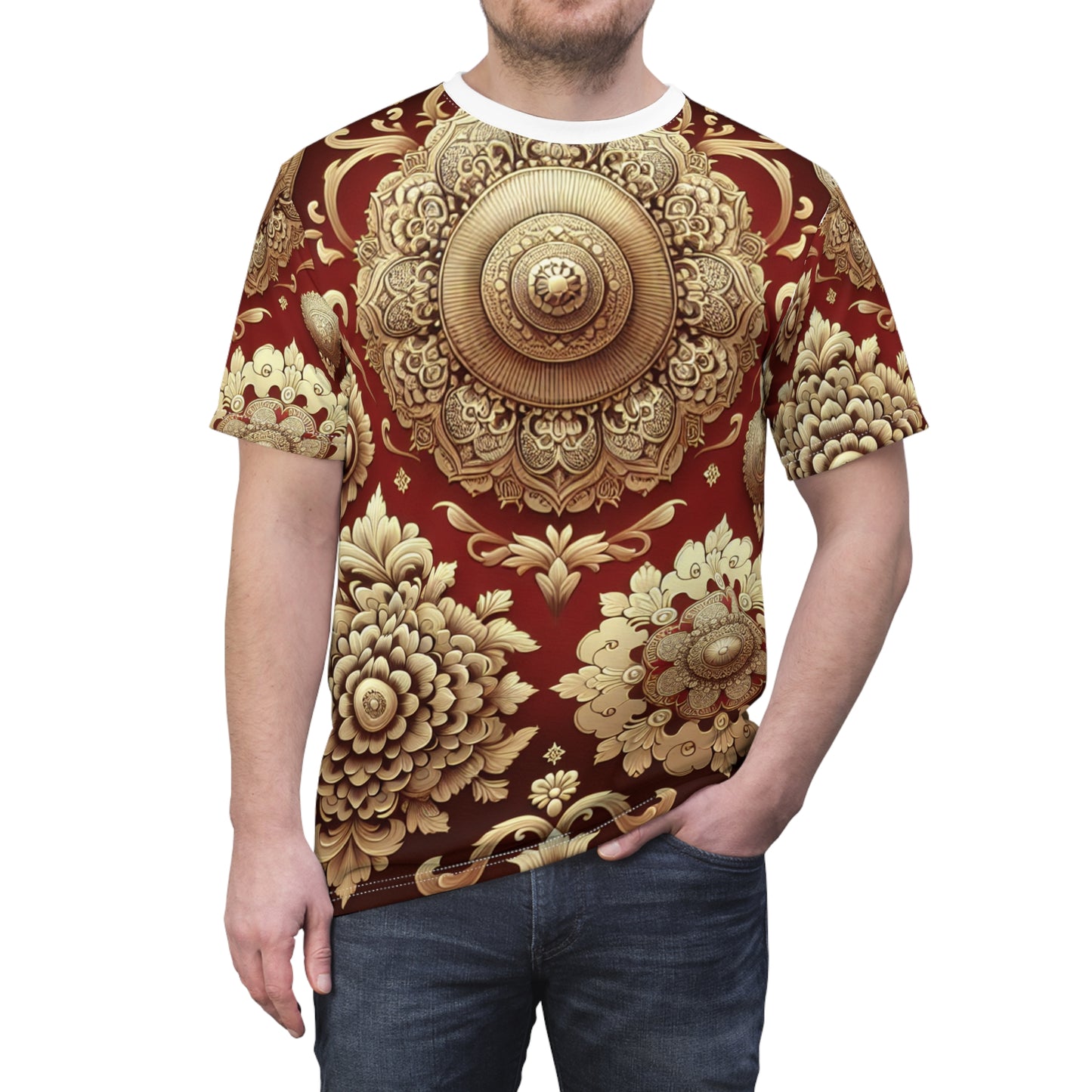 Exquisite Gold on Red Indian Motif Seamless Pattern T-Shirt: Intricately Designed Traditional Elements, Balanced Geometric and Floral Arrangement Tee