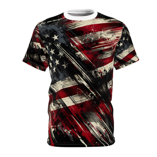 Grunge Streetwear Tribute: Distressed American Flag Graffiti Graphic T-Shirt - Bold Urban Patriotism Design - Patriotic Streetwear Tee