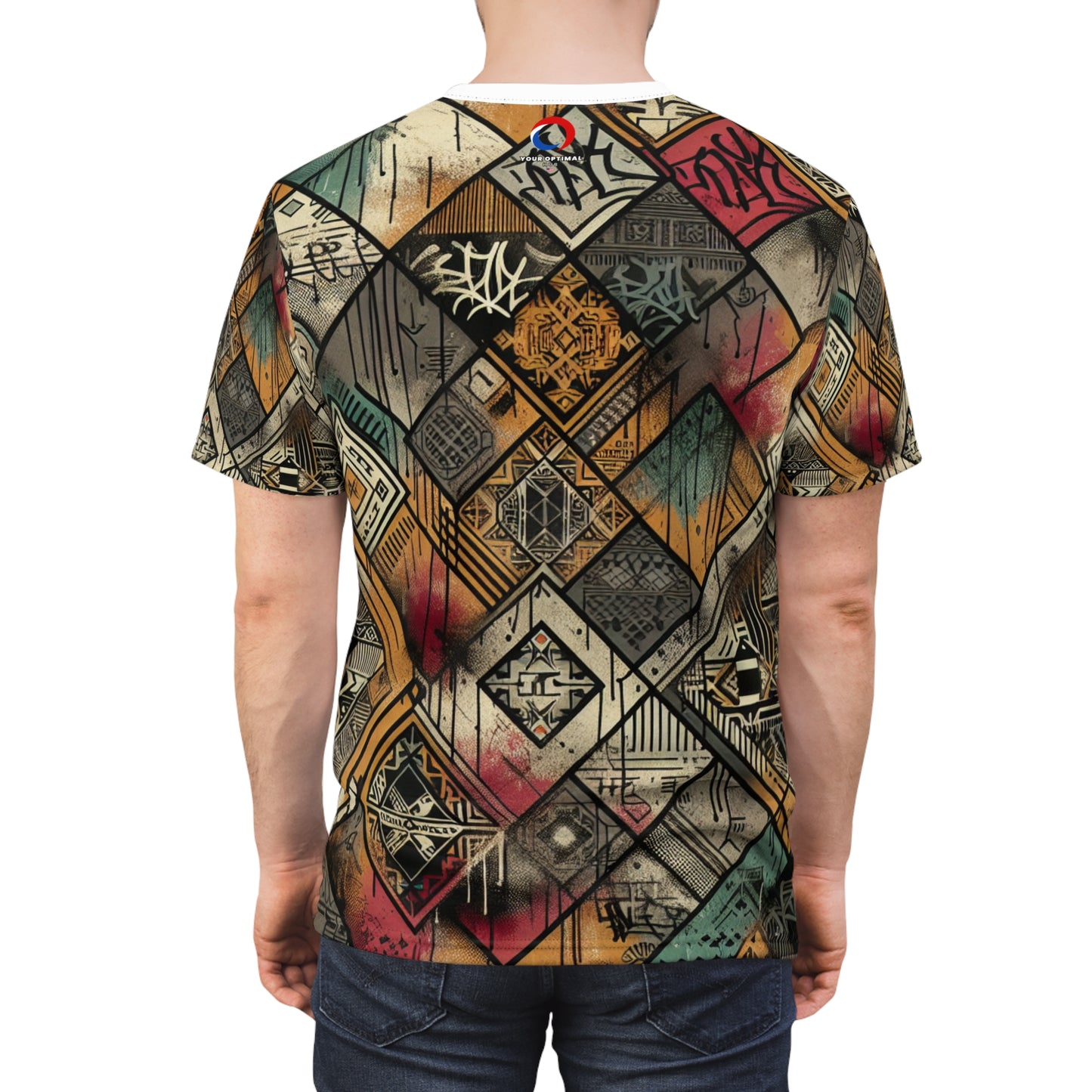 Africa Meets Street Art - Urban Graffiti Diamond Grid T-Shirt, Bold Geometric Design - African Tribal Pattern-Inspired Tee