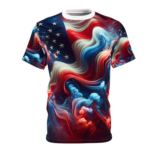 Mystical Dreamscape American Flag T-Shirt - Artistic Swirling Smoke Design with Vibrant Patriotic Colors - Patriotic Streetwear Tee