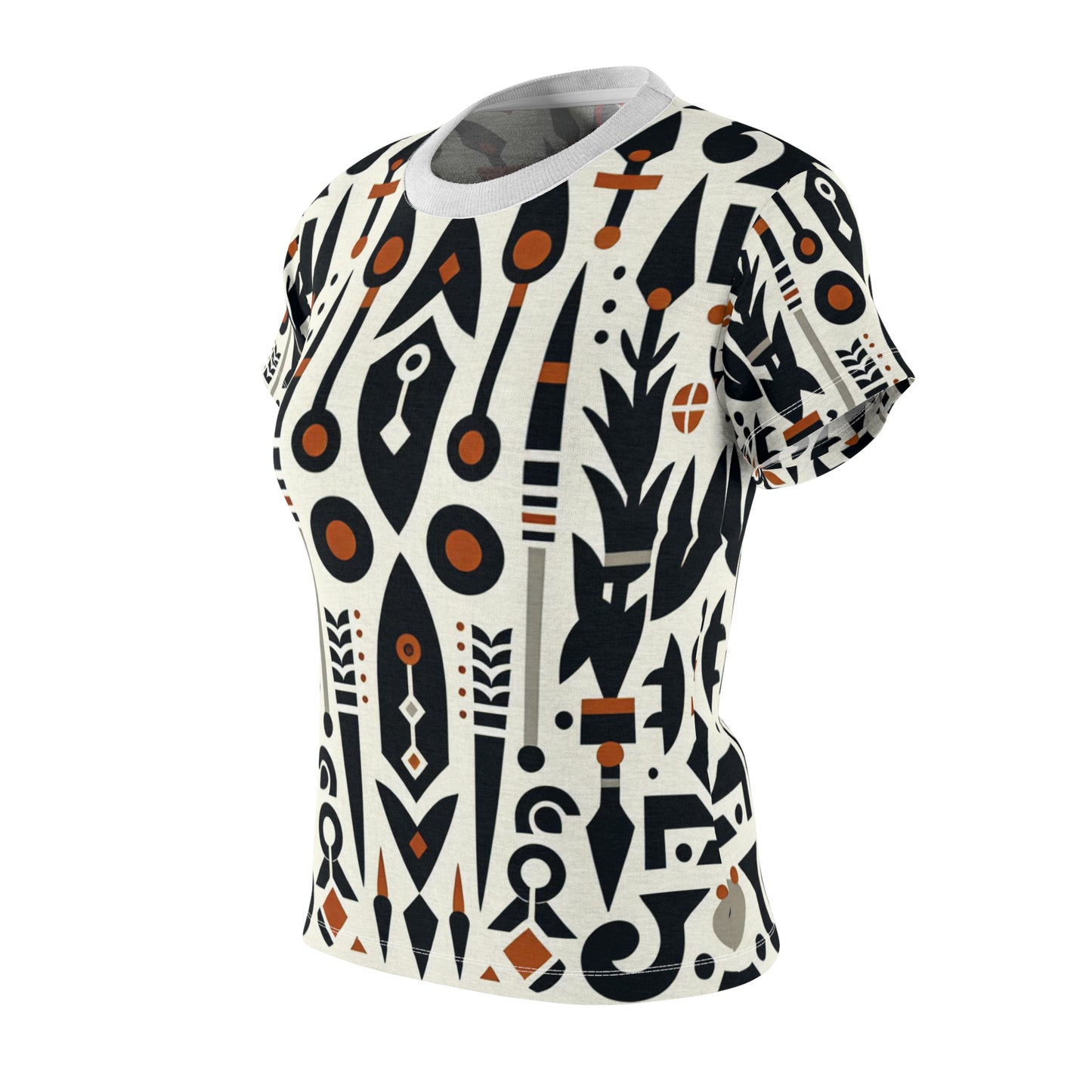 African Heritage Fusion Women's T-Shirt - Monochrome Modern Design with Vibrant Orange Accents, Indigenous Graphics - African Tribal Pattern-Inspired