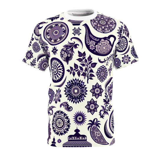 Classic Indian Heritage Seamless Pattern T-Shirt - Purple Intricate Motifs on White - Traditional Floral & Geometric Shapes - Traditional Indian Motifs Tee