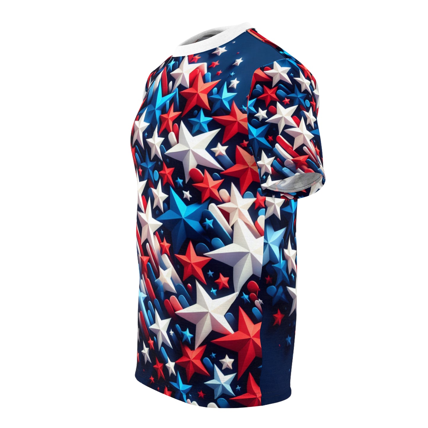 Vibrant 3D Stars Design T-shirt: Red, White & Blue - Patriotic Celebration Tee on Rich Navy Blue - American Streetwear