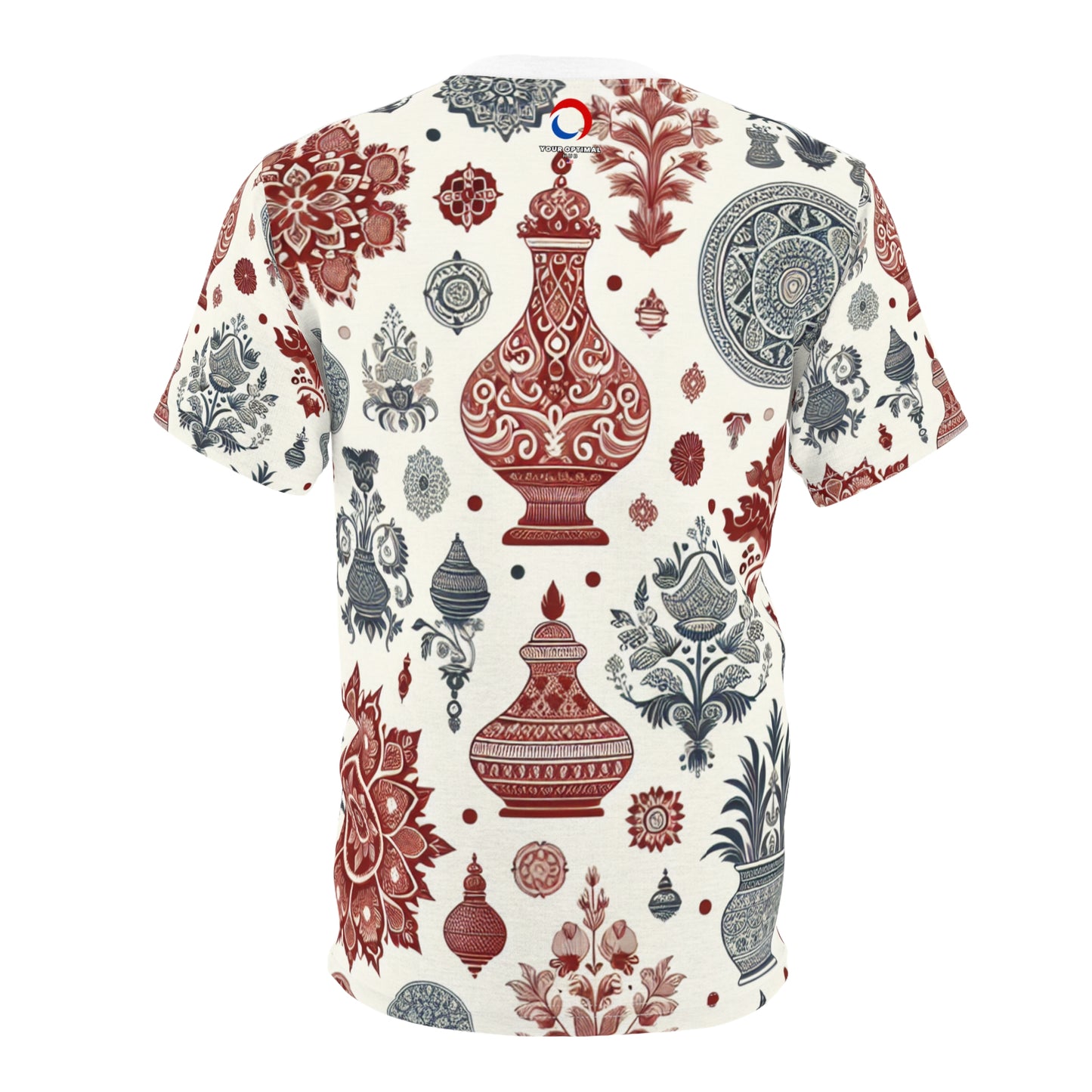 Classic Red and White Indian Motif Seamless Pattern T-Shirt - Contemporary Design with Traditional Floral and Geometric Shapes - Traditional Indian Motifs Tee