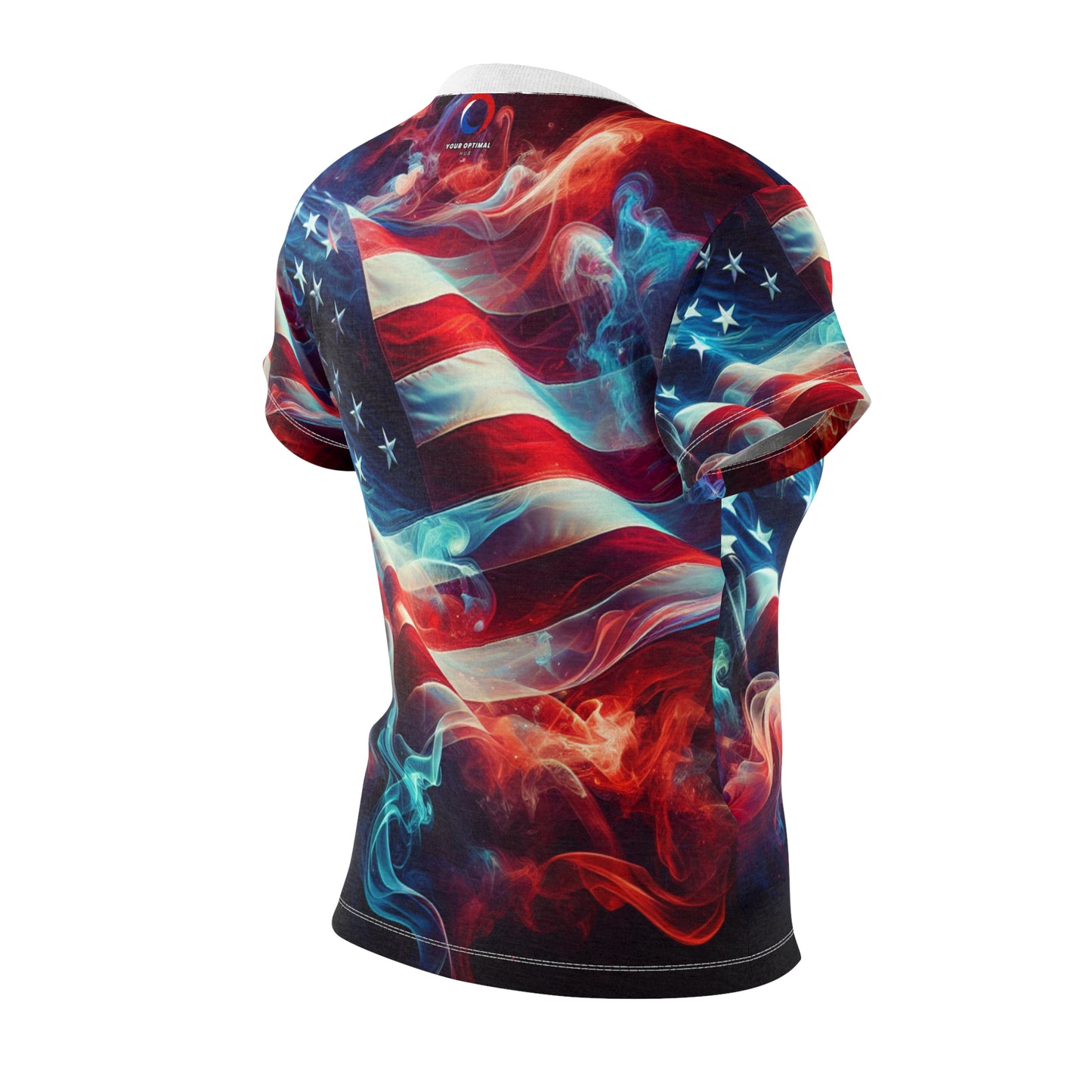 Mystic Smoke & Flag Women's T-shirt: Artful USA Pride in Transitioning Deep Red to Rich Blue - Patriotic Streetwear Tee