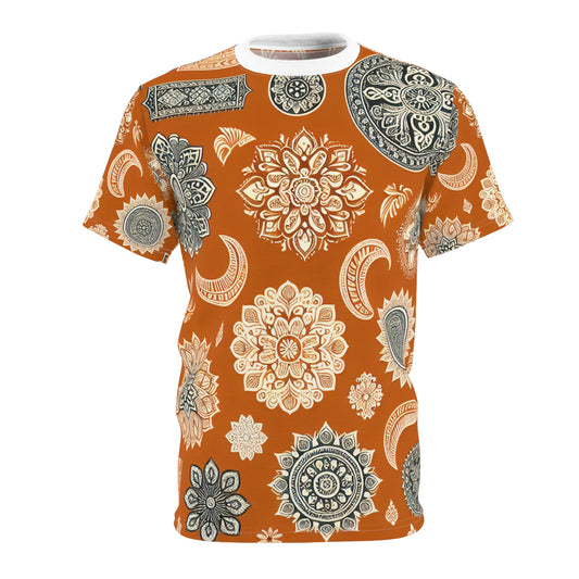 Orange Indian Motif T-Shirt – White Floral & Geometric Pattern, Minimal Ethnic Wallpaper Tee, Traditional India Design Apparel