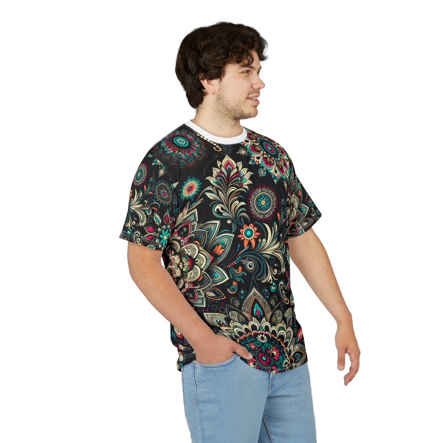 UV Reactive Traditional Indian Motifs T-Shirt - Scattered Radiating Bioluminescent Print on Black Background