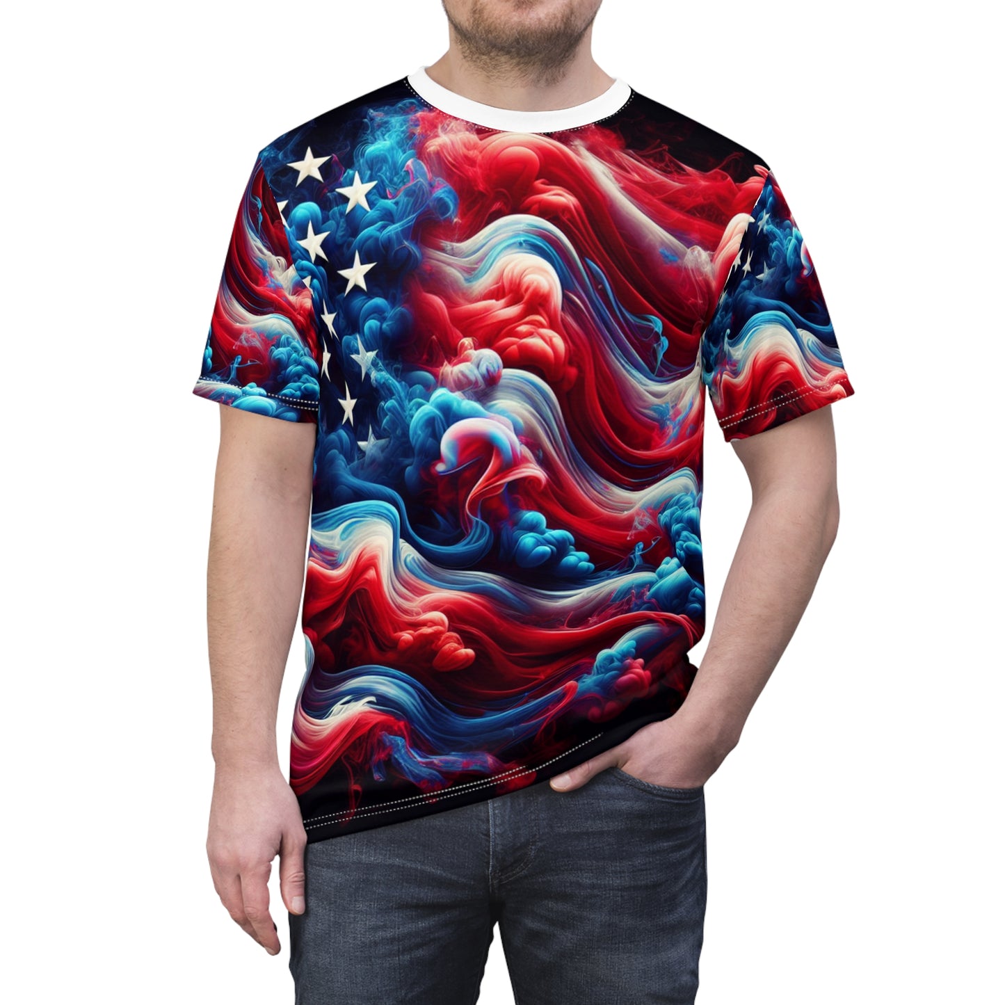 American Glory: Artistic Ethereal Smoke-Effect USA Flag T-Shirt, Red-Blue Color Transition - Patriotic Streetwear Tee