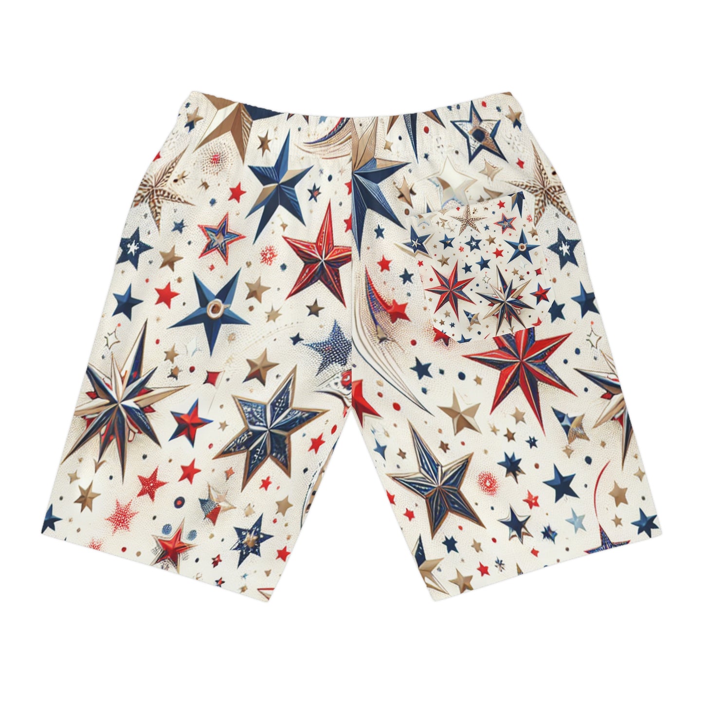 Star-Spangled Festive Shorts - Patriotic Red, Blue, Gold Star Prints on White, Perfect for Independence Day Celebrations - Patriotic Streetwear Shorts