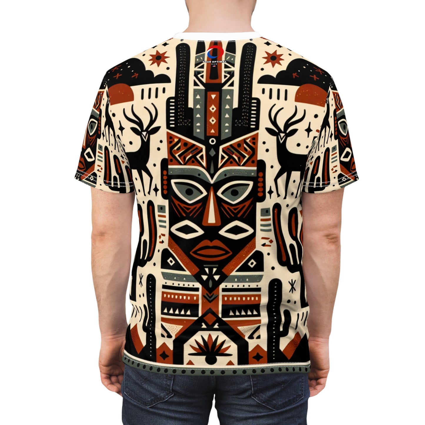 African-Southwestern Fusion T-Shirt: Tribal Totem with Geometric Wildlife in Warm Earthy Tones - African Tribal Pattern-Inspired