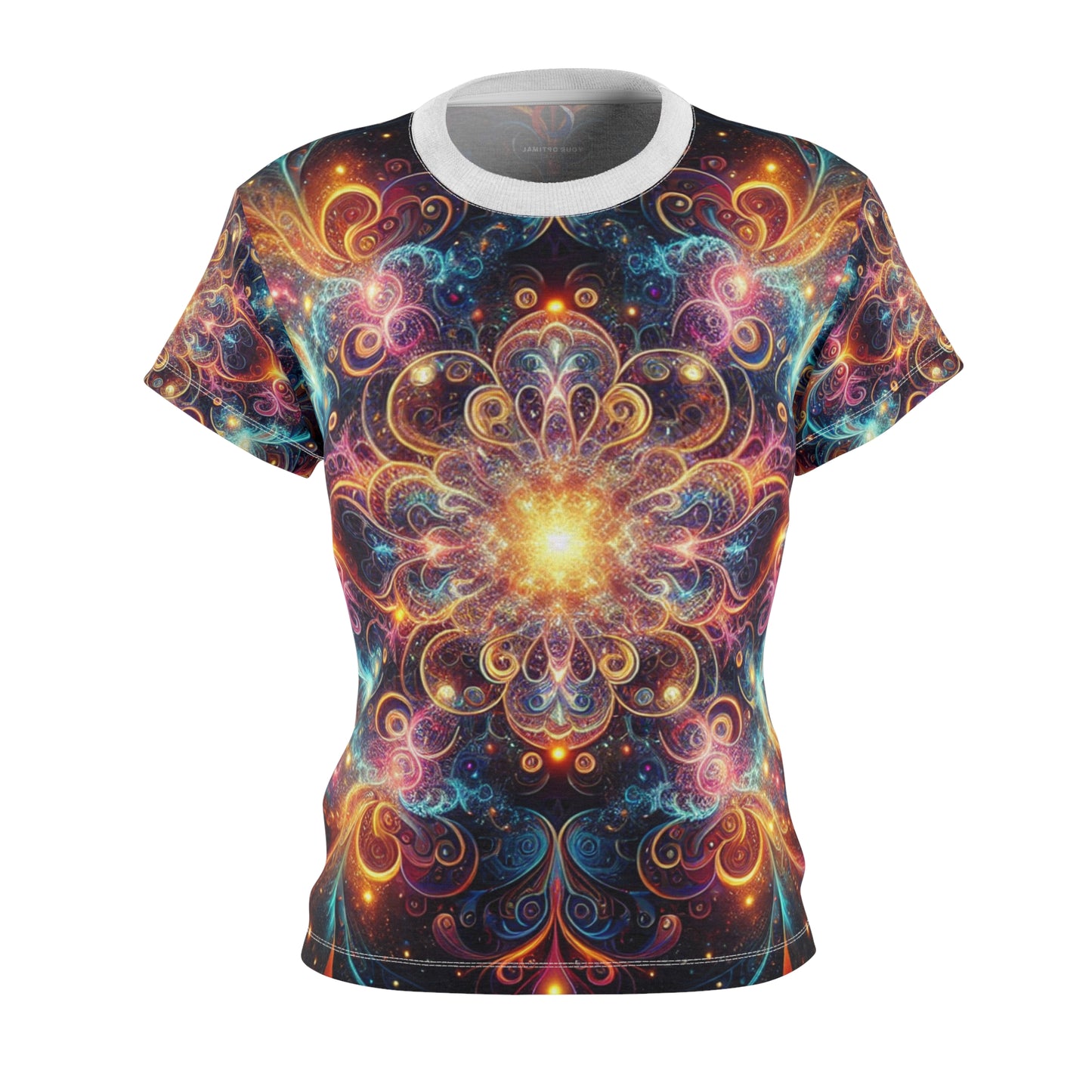 Psychedelic Cosmic Mandala Women's Tee - Neon Swirl Artwork on Dark Galaxy Background - Women's Trippy Tee