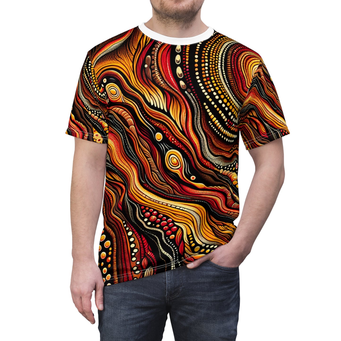 Aboriginal Lava Flow Tee: Red Hot Volcano Artistry; Earthy Tone Storytelling Shirt - African Tribal Pattern-Inspired Tee