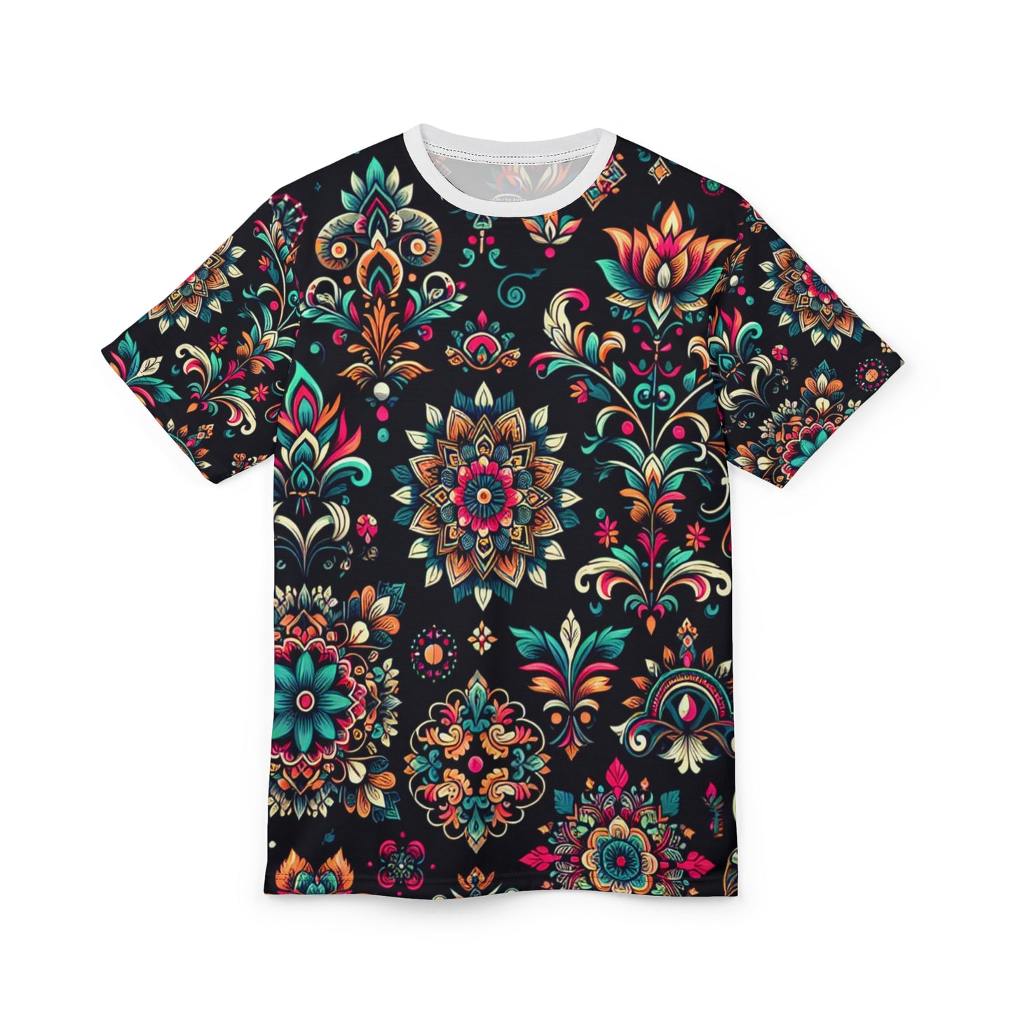 UV-Reactive Bioluminescent Bohemian T-Shirt featuring Scattered Neon Indian Motifs on Black Background