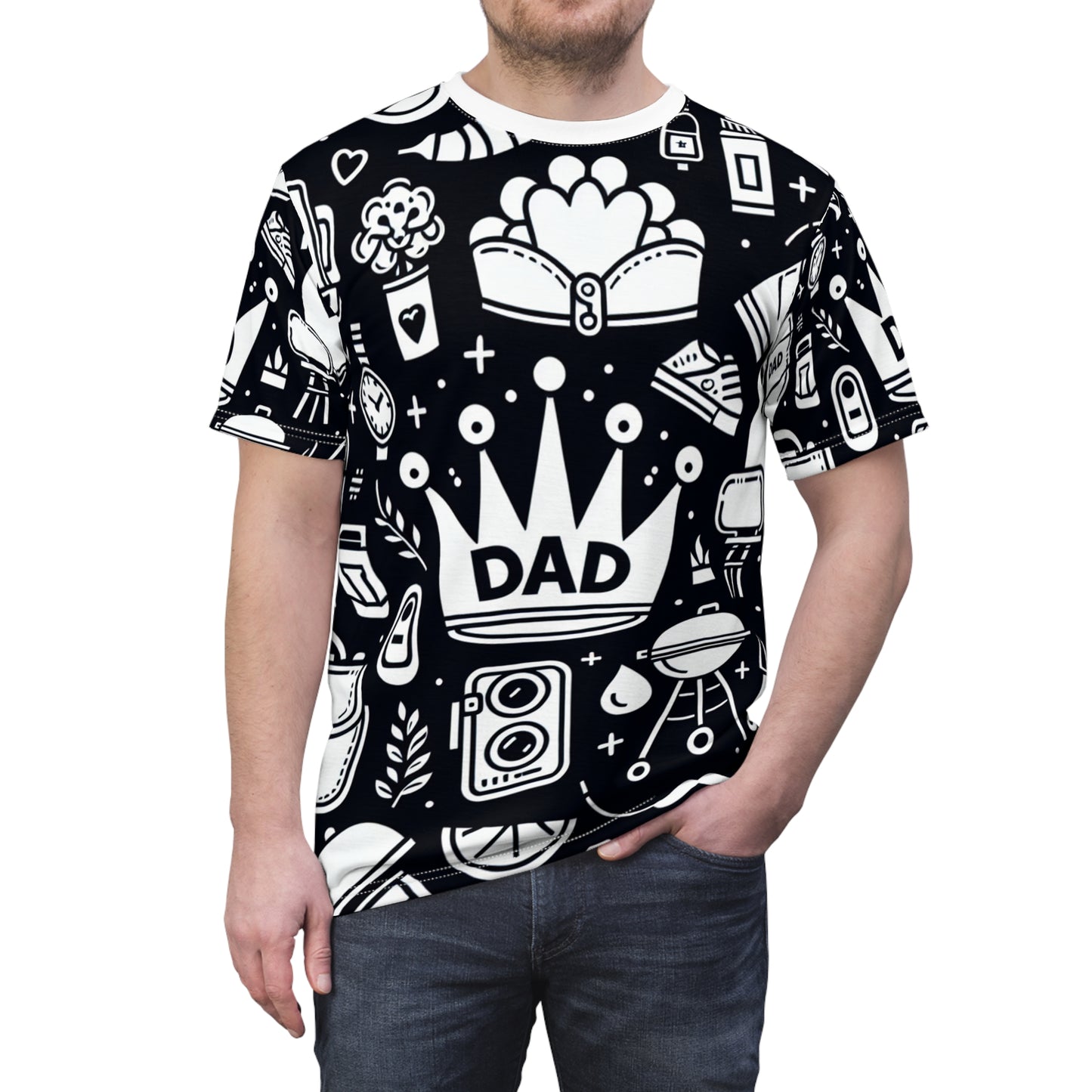 King of the Family Dad T-Shirt - Monochrome Line Art with Crown, Camera, BBQ Grill-master - Father's Day Minimalist Tee