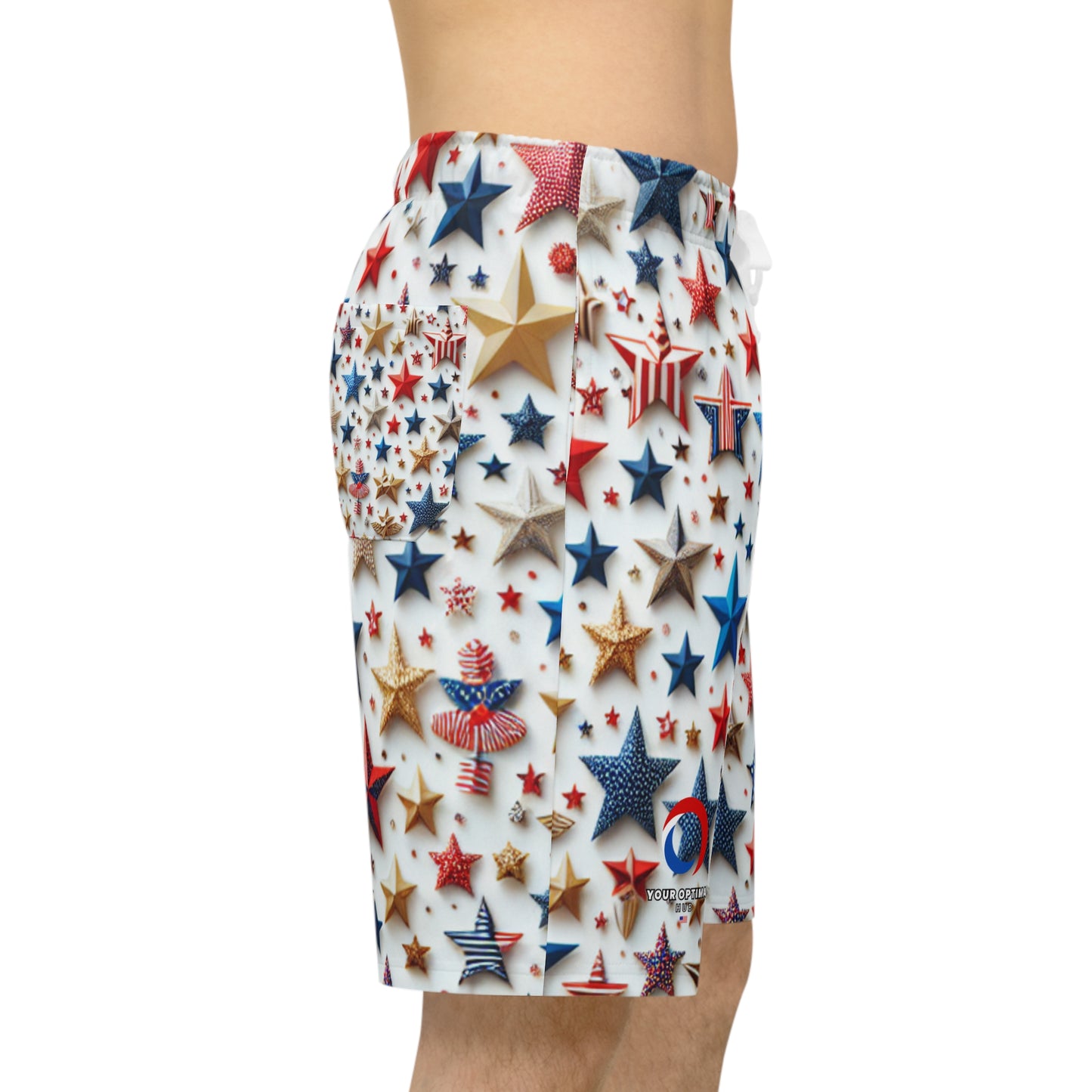 Festive Star-Spangled Shorts: Patriotic Red, Blue & Gold Star Design, Perfect for Independence Day Celebrations - Patriotic Streetwear Shorts