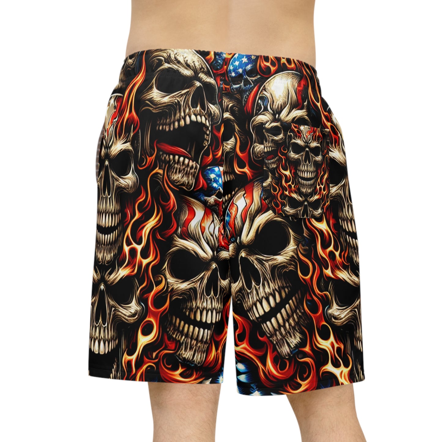 Fiery Patriotic Pledge: Skulled Inferno Fusion Tattoo-Styled Shorts - Patriotic Streetwear Shorts