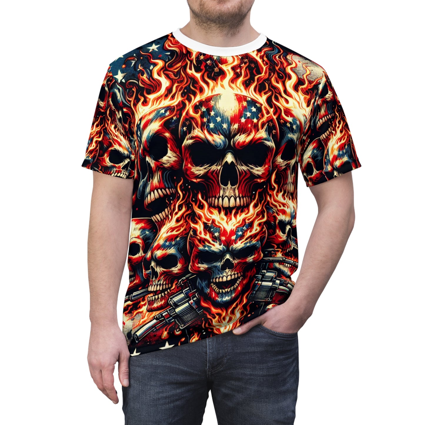 Flaming Skull Spectacle: Patriotic Tattoo Mastery T-Shirt - Patriotic Fashion Tee