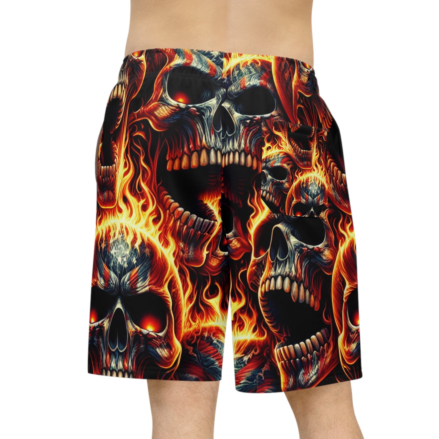 Infernal Patriot: Fiery Skulls & Stars Stripes Tattoo-Style Shorts - Patriotic Streetwear Shorts