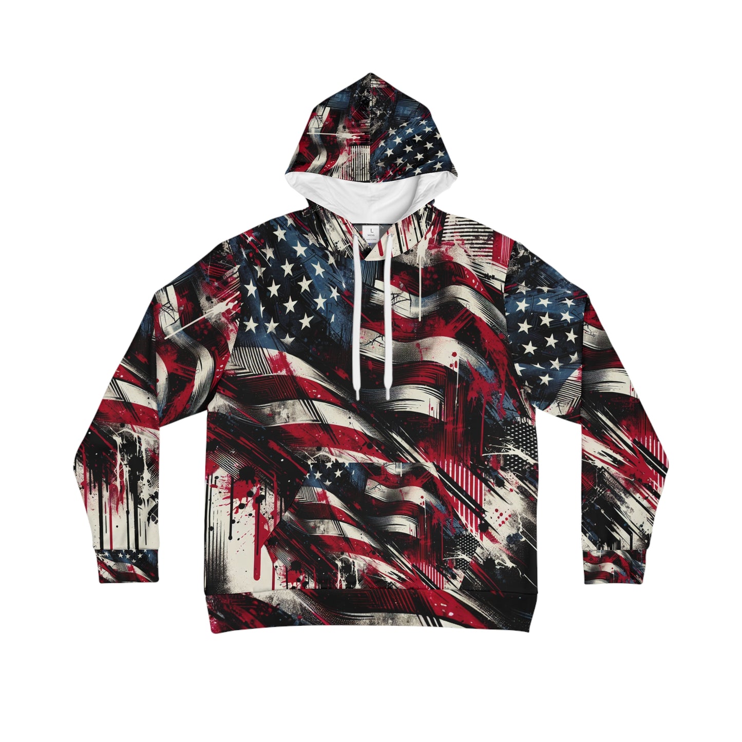 Grunge American Flag Streetwear Hoodie with Intense Graffiti Art - Weathered Stars and Stripes Splatter Design - Patriotic Streetwear