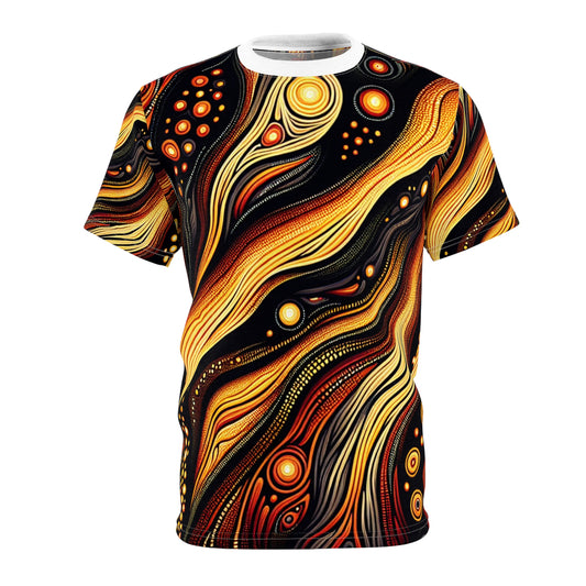 Volcanic Spirit T-Shirt: Aboriginal Art Inspired, Fiery Landscape Pattern, Bold Earthy Tones - African Tribal Pattern-Inspired Tee