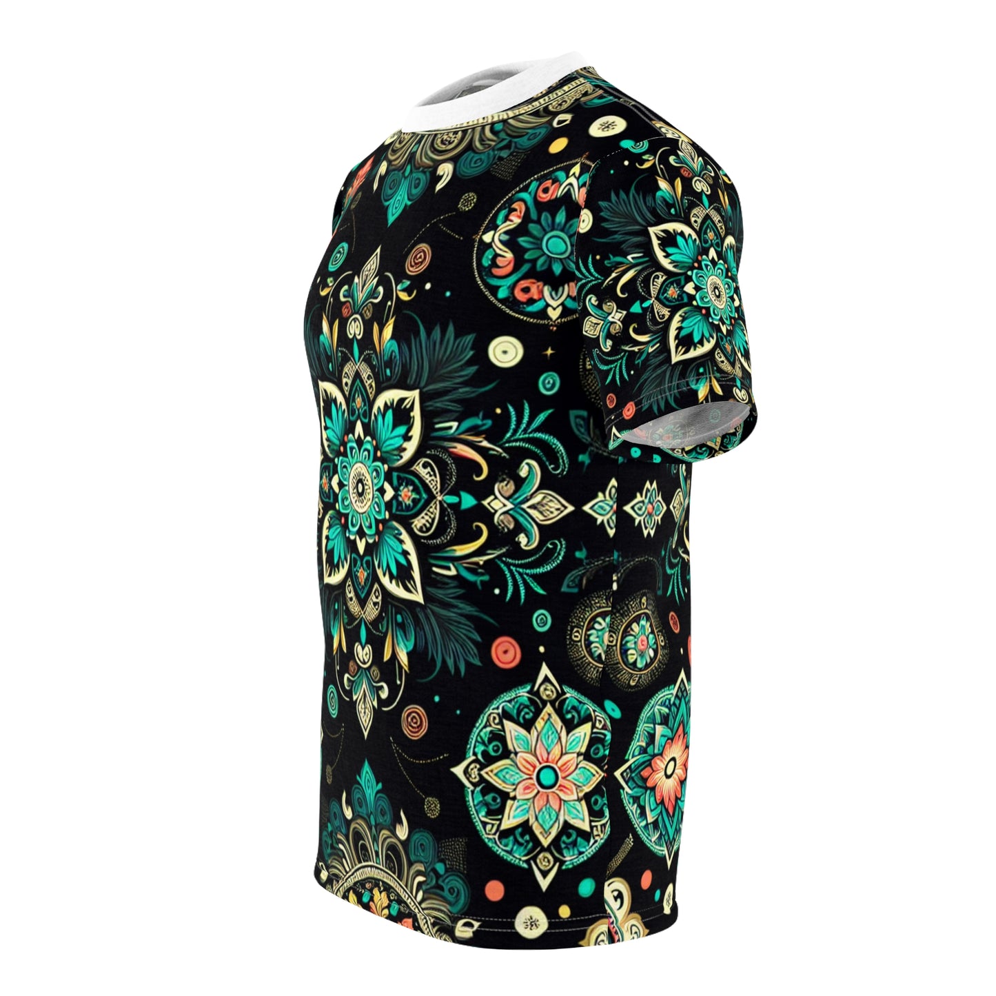 Neon UV Indian Motif Tee – Bioluminescent Floral & Geometric Glow Pattern on Black Shirt