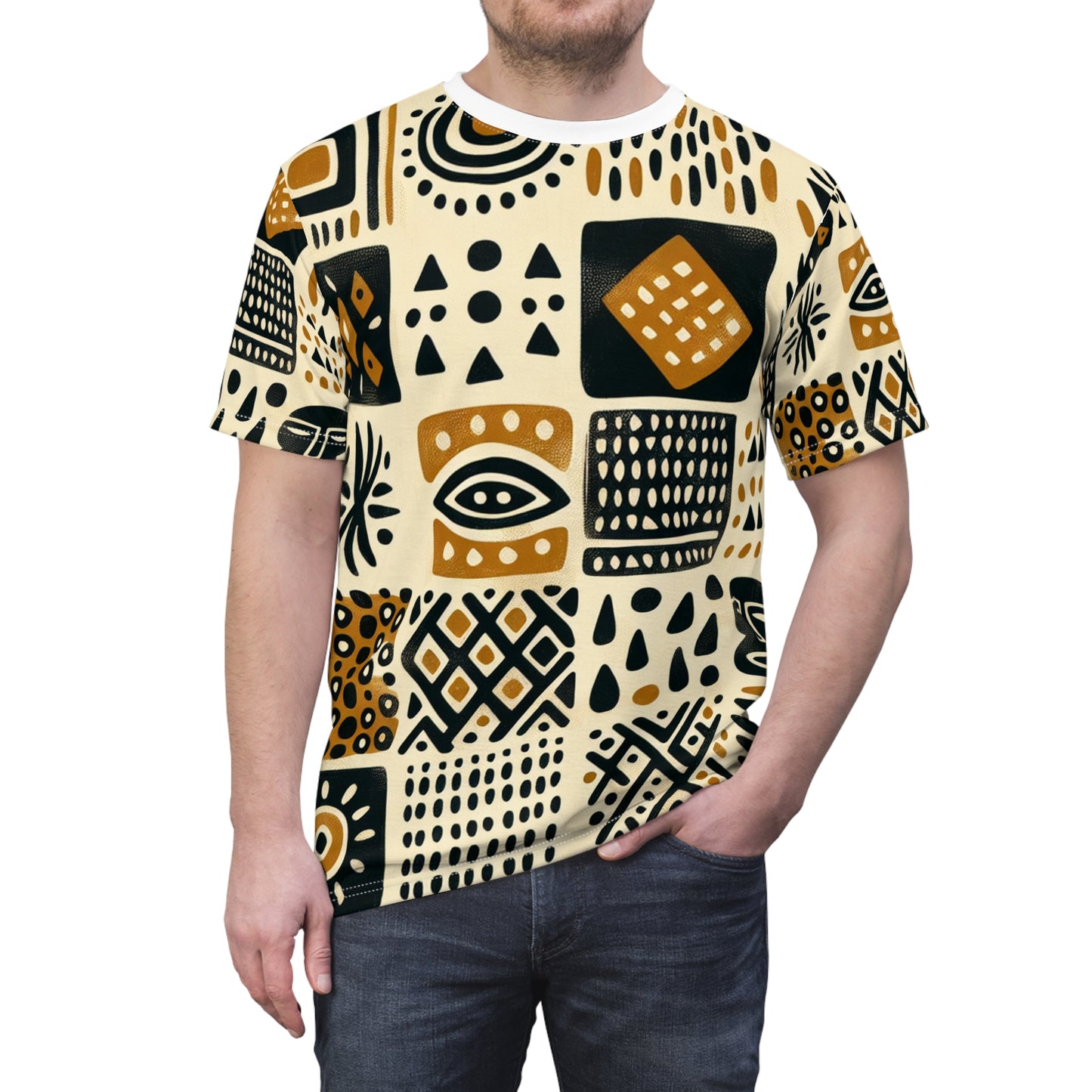 Handcrafted, Abstract African Mud Cloth Design T-shirt, Tribal Motifs in Organic Colors - African Tribal Pattern-Inspired Tee