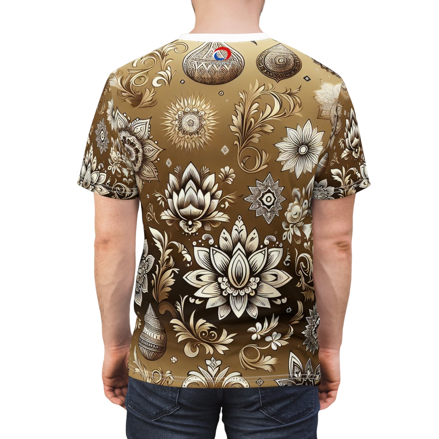 Traditional Indian Motifs Seamless Pattern T-shirt: Intricate Floral-Geometric White Designs on Shiny Gold - Modern & Rich Cultural Heritage Inspired Tee