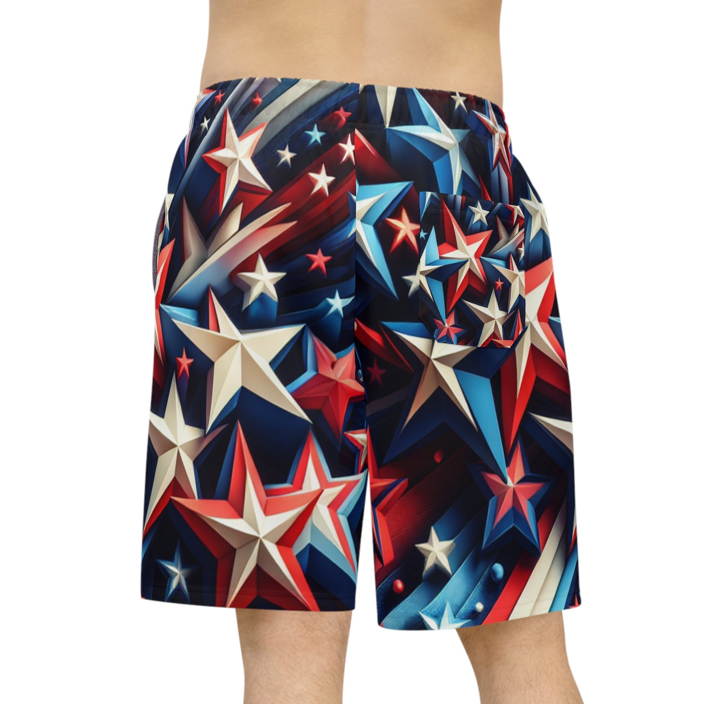 Patriotic 3D Star Constellation Shorts – Vibrant Red, White, and Blue, Varied Sizes, Festive Design - American Streetwear Shorts