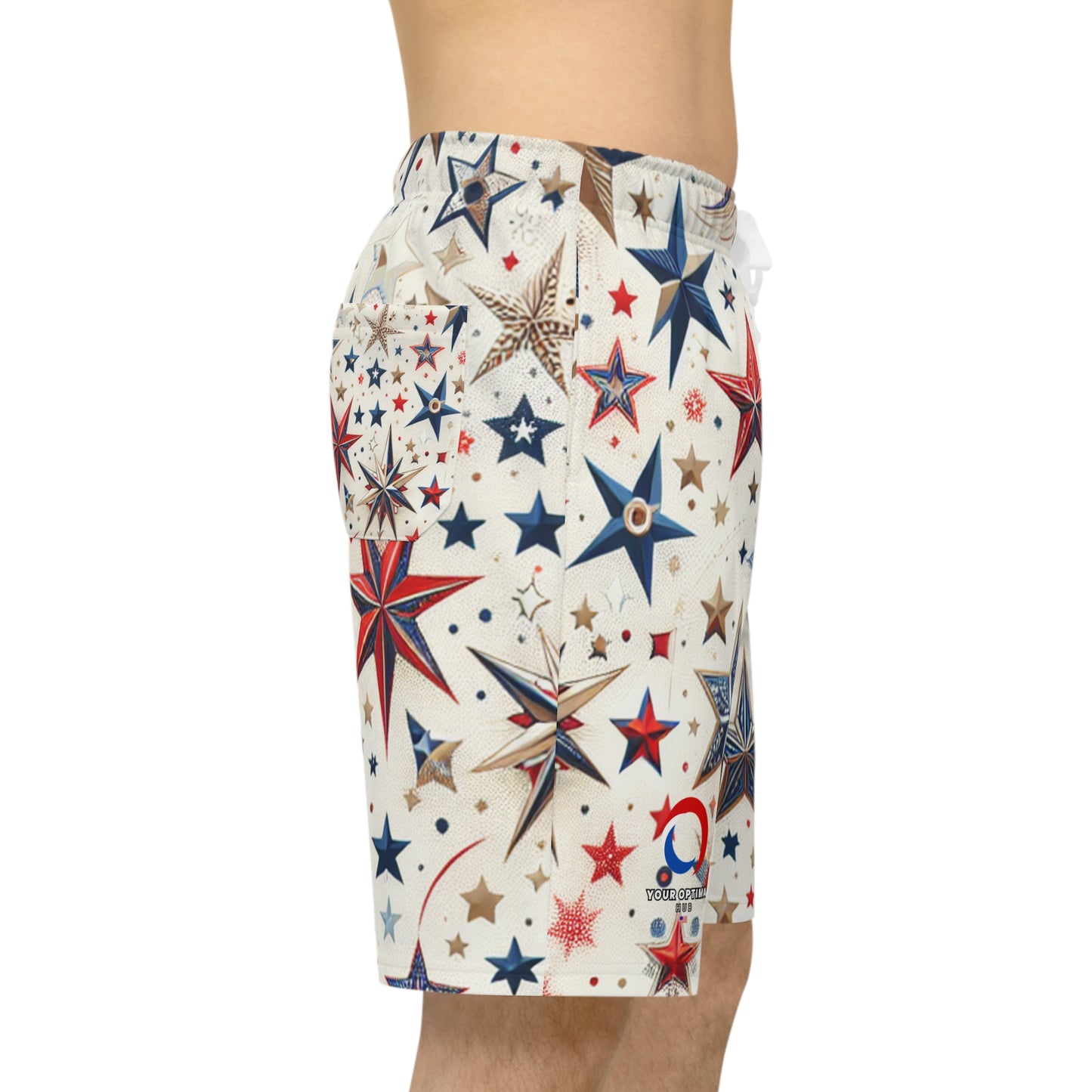 Star-Spangled Festive Shorts - Patriotic Red, Blue, Gold Star Prints on White, Perfect for Independence Day Celebrations - Patriotic Streetwear Shorts