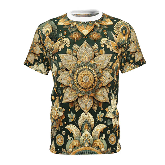 Traditional Indian Motif Inspired Seamless Pattern T-Shirt: Gold Reflective Design - Modern Asian Influenced Apparel - Indian Streetwear Tee