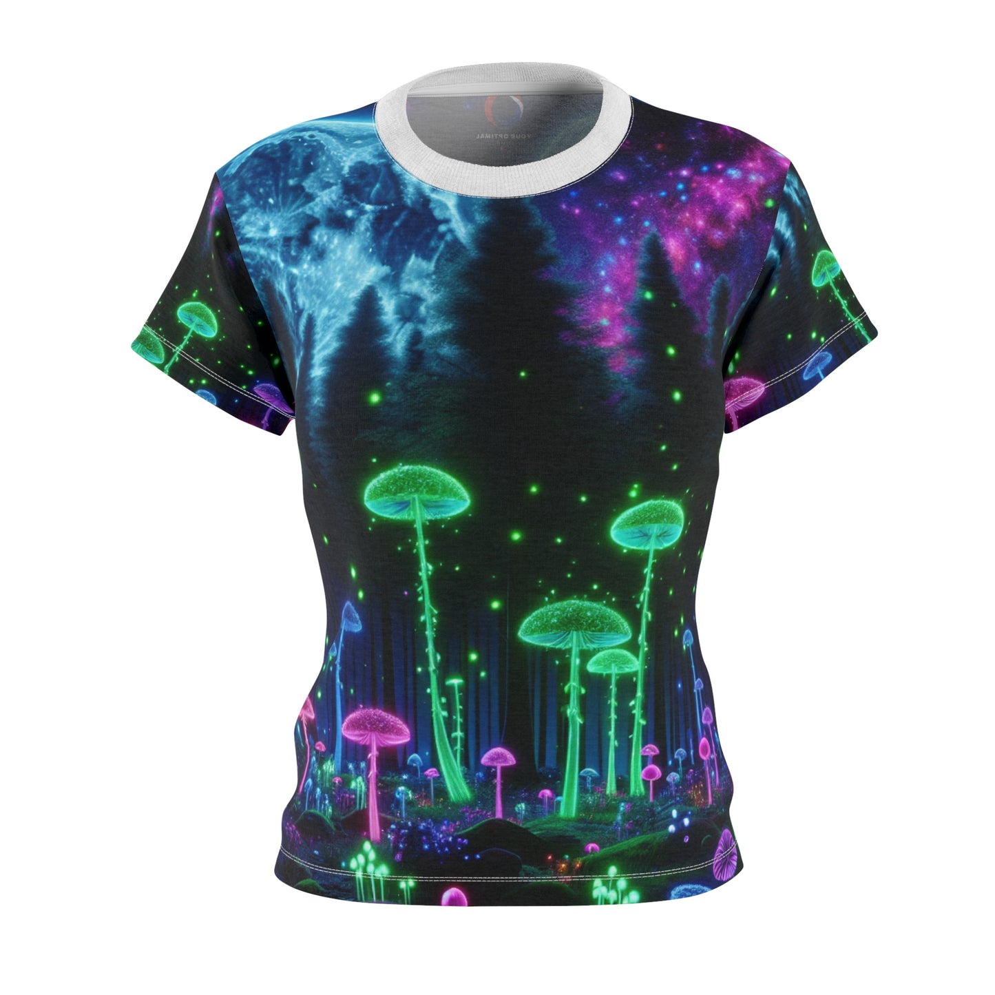 Surreal Ultraviolet Full Moon Forest Tee - Neon Mushrooms, Fluorescent Flora, Ethereal Fireflies Women's Top - Women's Blacklight Tee