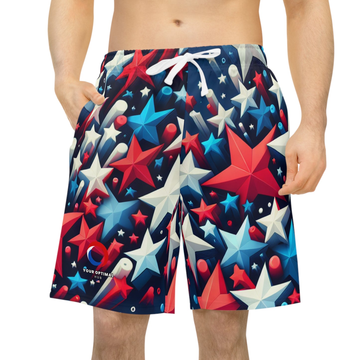 3D Patriotic Star Blast Shorts - Vibrant Red, White & Blue Star Scattering on Deep Blue Background - Patriotic Streetwear Shorts