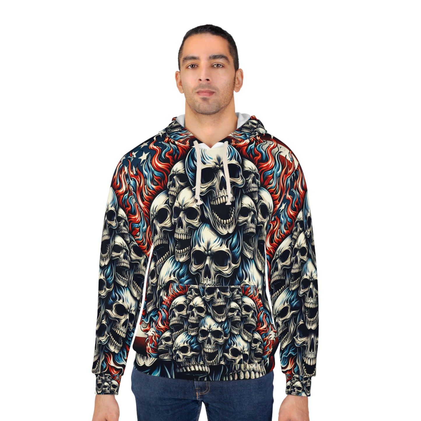 Inferno Patriotism: Skull Blaze & Stars Redux Hoodie - Patriotic Streetwear Hoodie