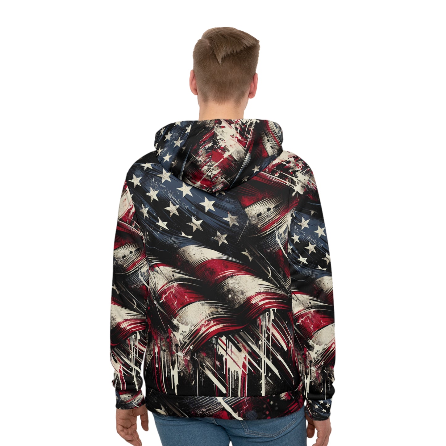 Intense Urban Patriotism: Grunge Streetwear Hoodie with Distressed Graffiti American Flag Artwork, Raw Energy Street Fashion