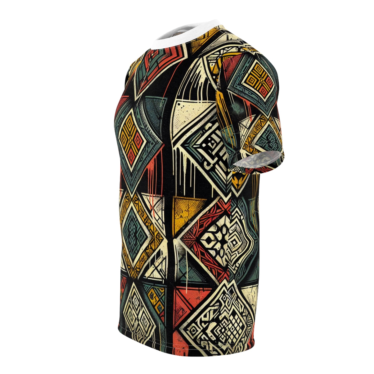 Urban Graffiti Meets Afrocentric Art - Distressed Street-Style T-Shirt with Diamond Geometric-Pattern - African Streetwear