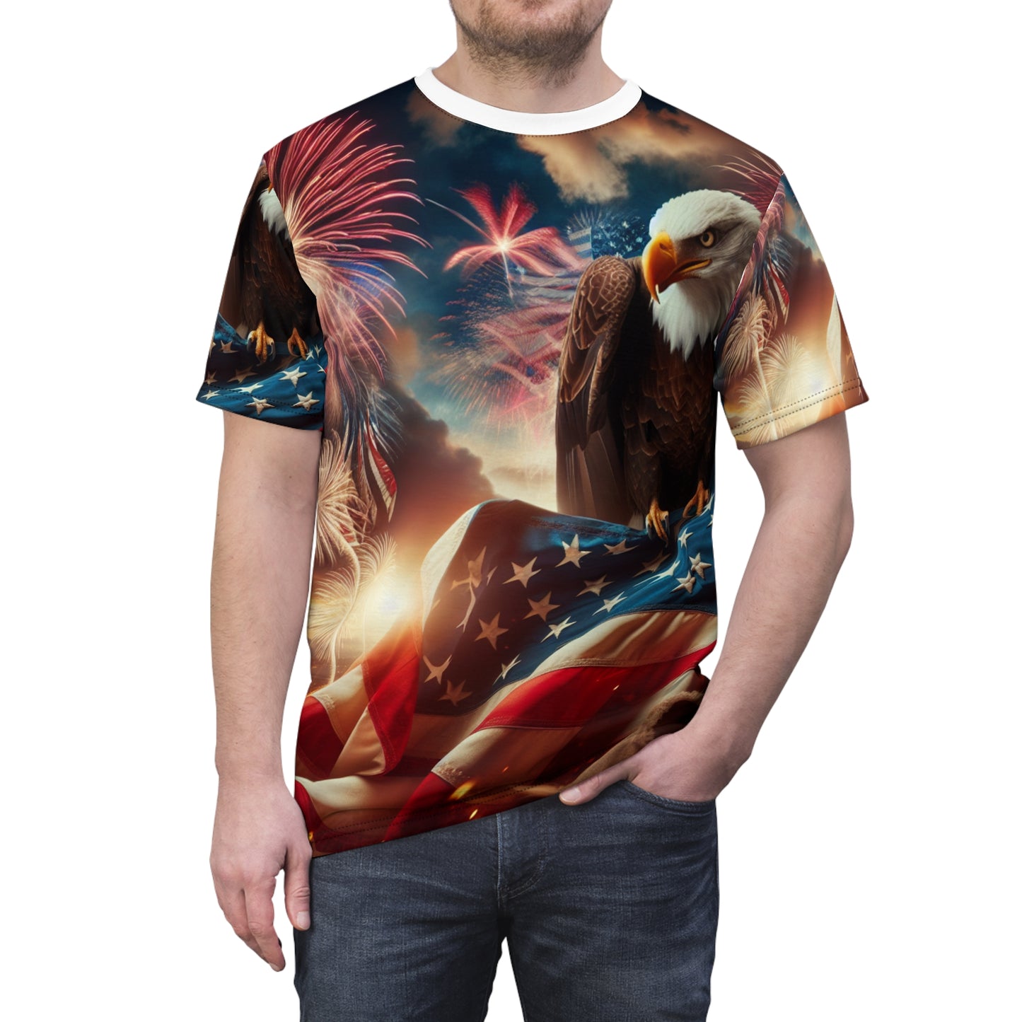 American Glory Patriotic T-Shirt: Majestic Bald Eagle & Vibrant USA Flag Design with Fireworks | Independence Day Spirit & Pride Tee | Patriotic Streetwear