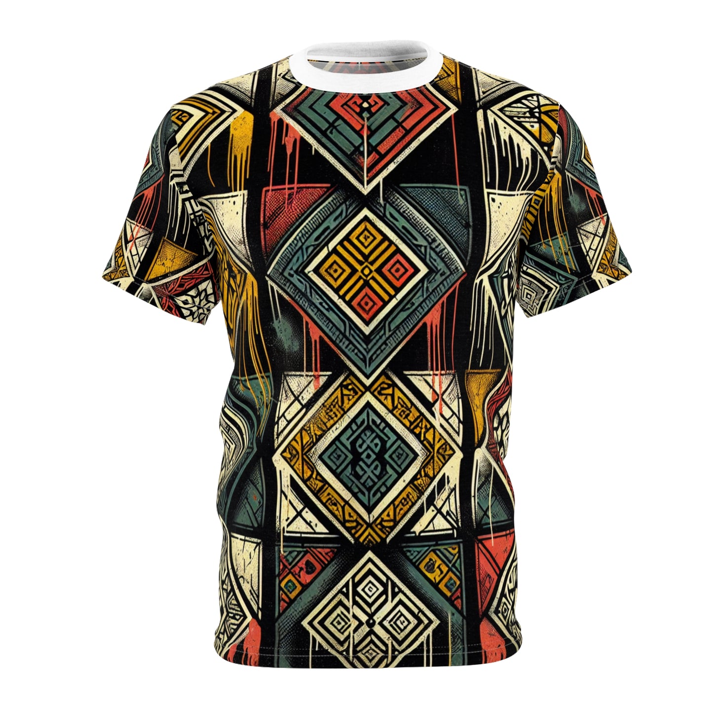 Urban Graffiti Meets Afrocentric Art - Distressed Street-Style T-Shirt with Diamond Geometric-Pattern - African Streetwear