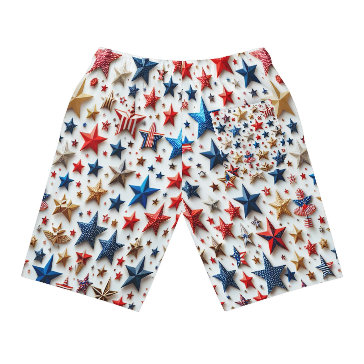 Festive Star-Spangled Shorts: Patriotic Red, Blue & Gold Star Design, Perfect for Independence Day Celebrations - Patriotic Streetwear Shorts