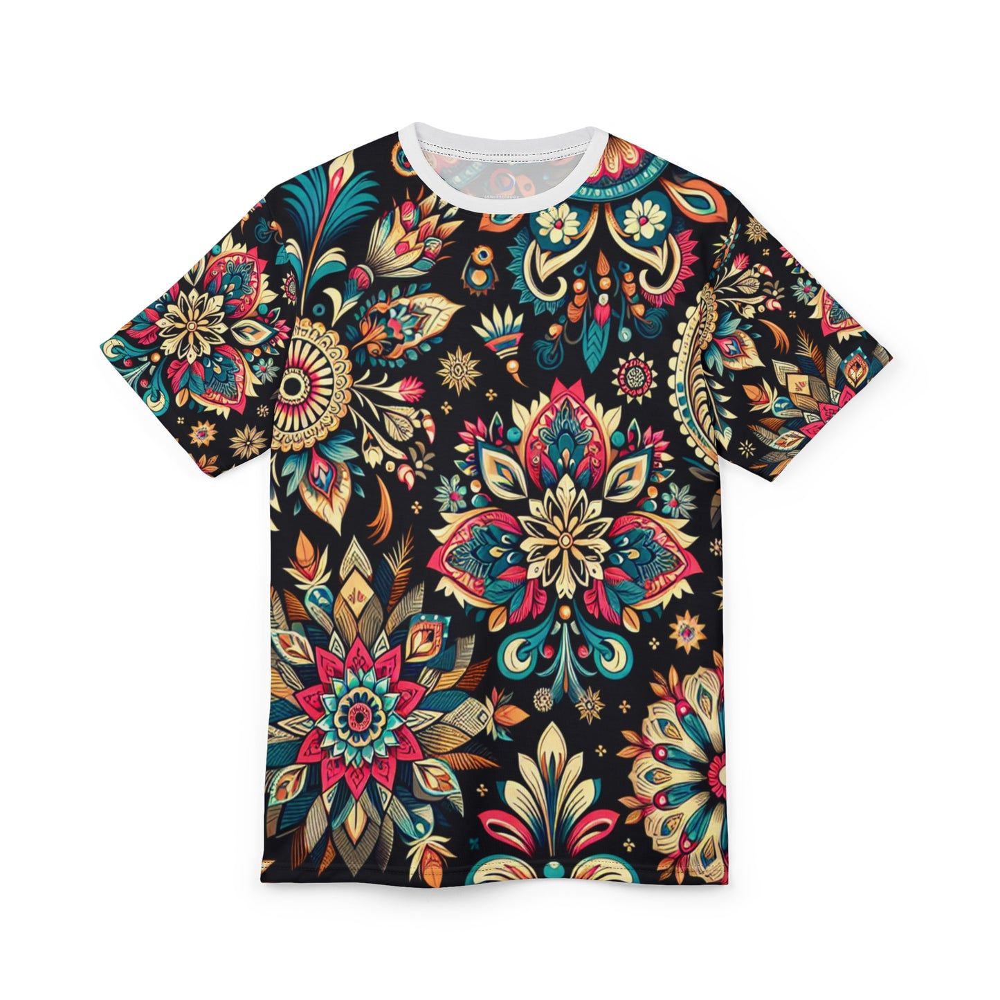 UV Reactive Boho-Chic T-Shirt with Intricate Neon Indian Motifs on Black Background - Scattered Geometric Floral Design