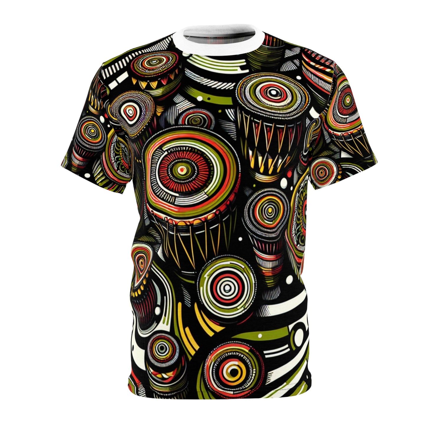 African Drum Dance Vibrant T-Shirt - Bold Kaleidoscope Pattern in Black, Red and Lime Green - African Tribal Pattern-Inspired Tee