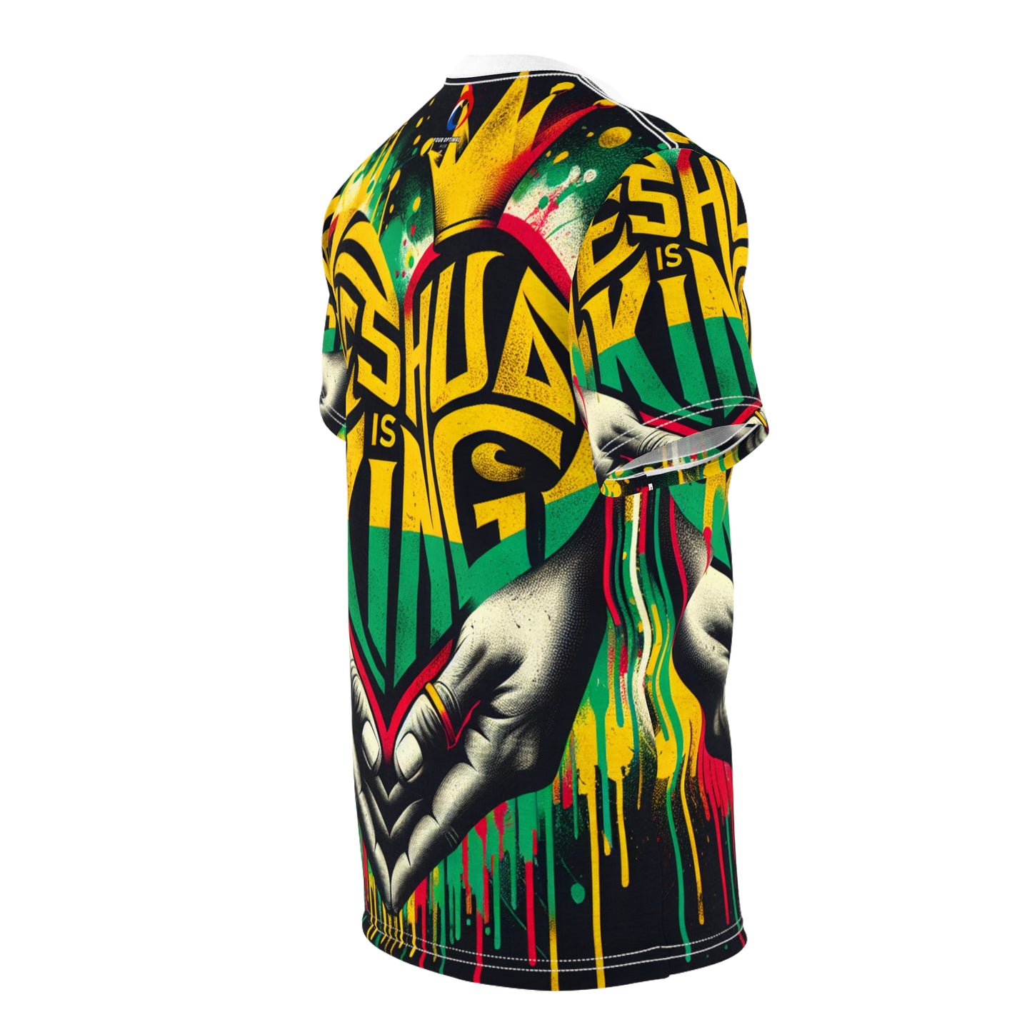 Vibrant Rasta-Inspired 'Yeshua is King' Graffiti Heart T-Shirt - Edgy Faith-Based Word Art - Rastafarian Art-Inspired Tee