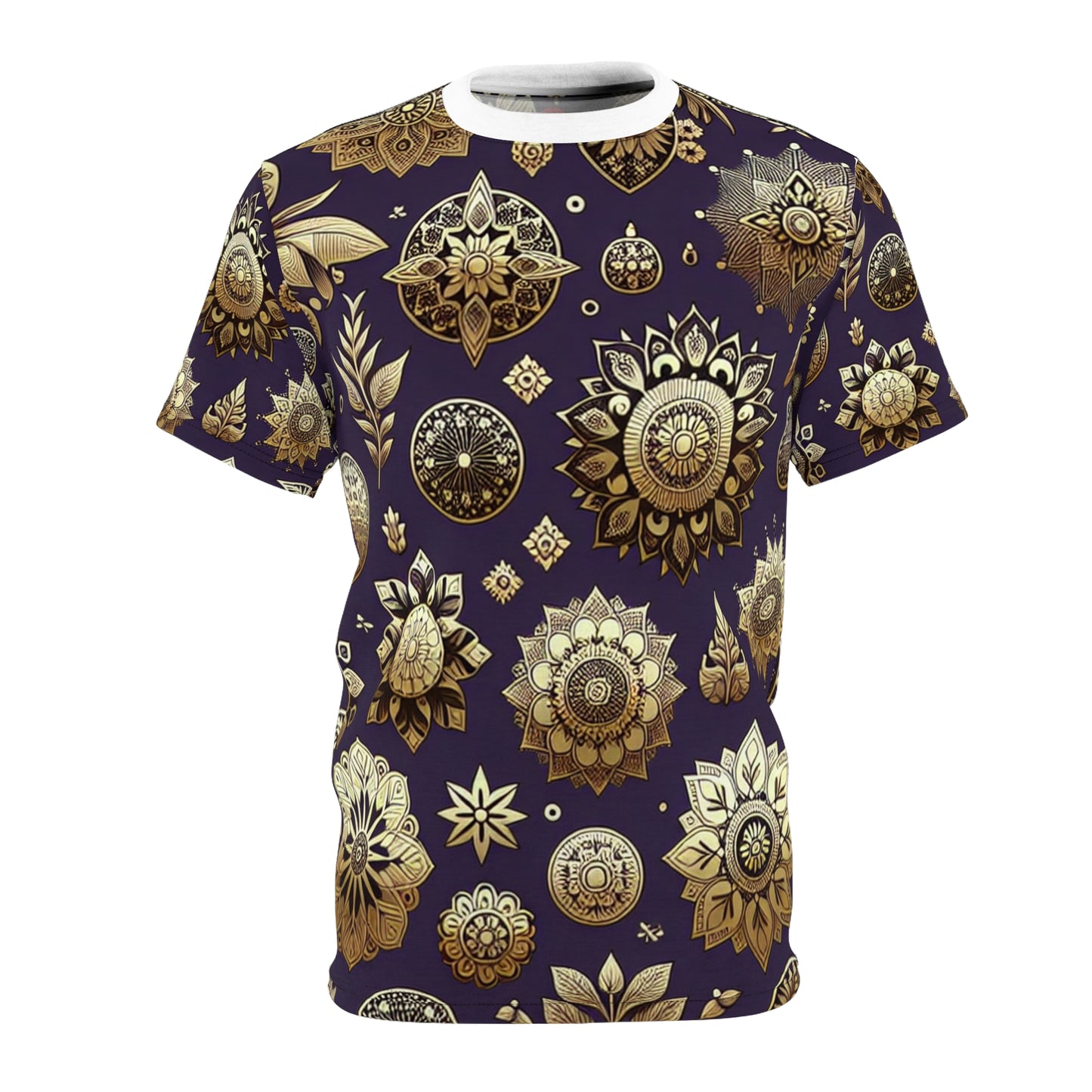 Gold Reflections on Purple: Seamless Indian Motif Pattern T-Shirt, Intricately Designed Traditional & Modern Design Elements - Traditional Indian Motifs Tee