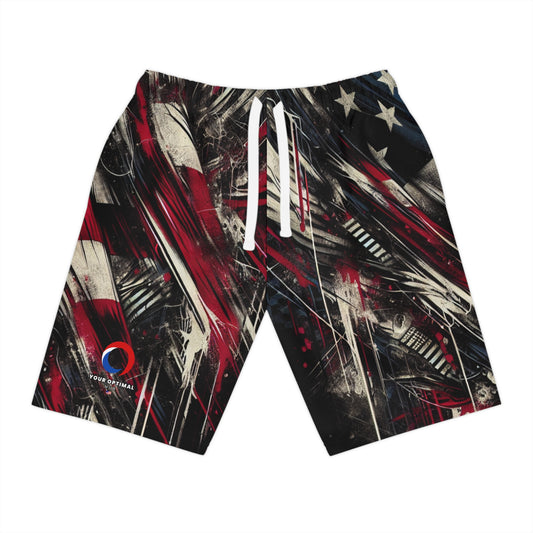 Urban Resilience - Grunge American Flag Streetwear Shorts, Rugged Graffiti Design, Bold Patriotism - Patriotic Streetwear Shorts