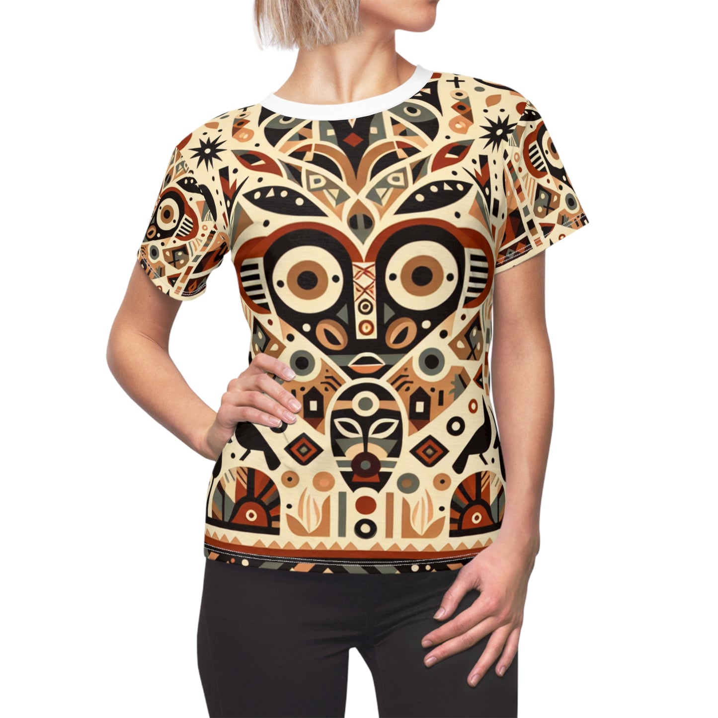 African-Southwestern Totem Symmetrical Women's Tee - Earthy Geometric Fauna & Flora, Storytelling T-Shirt - African Tribal Pattern-Inspired